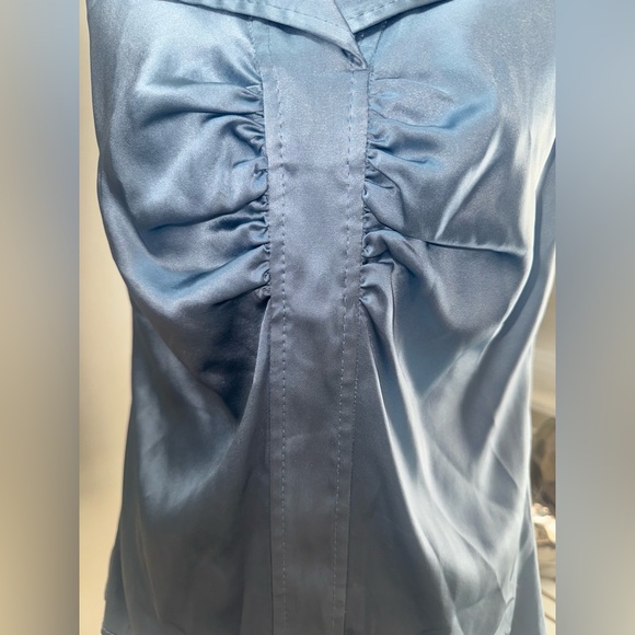 Vintage Blue Silk Blend Satin Ruched Blouse Sleeveless Collared Top Women’s M - Picture 7 of 13